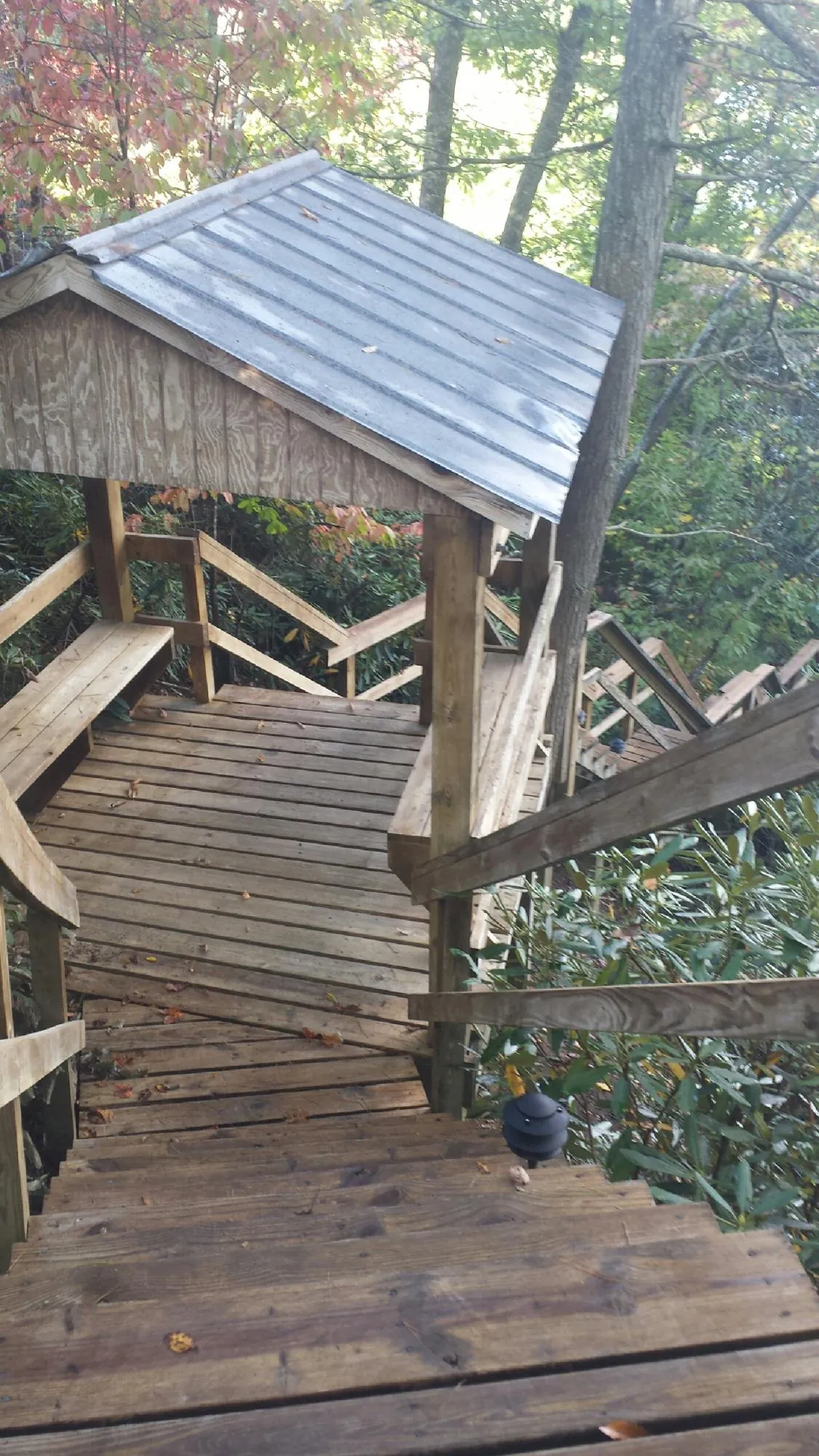 Metal roofed shelter over wooden steps on a wooded walkway — Skylight Repair & Installation work by our crew in Starkville